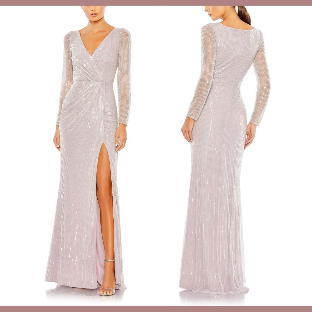 NWT $598 Mac Duggal [ 16 ] Sequined Faux Wrap Long Sleeve Gown in Lavender #Q777